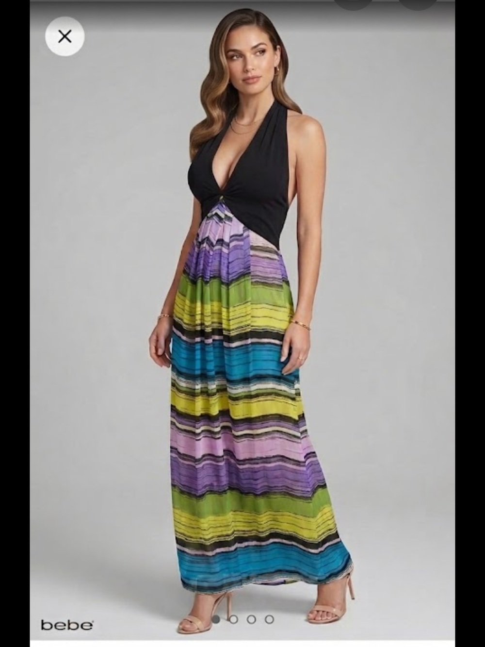 Bebe Sonara Silk Multicolor SUMMER GODDESS Halter Maxi Dress Y2K RARE M